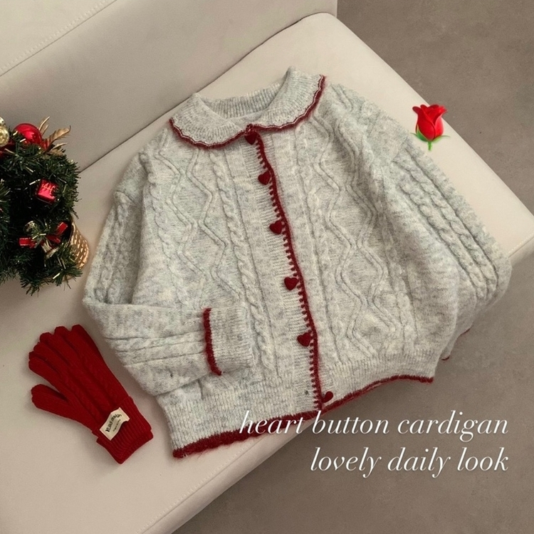 왕귀염 하트단추 빈티지 카라넥 레드 단추 귀요미 니트 가디건 겨울 연말 크리스마스