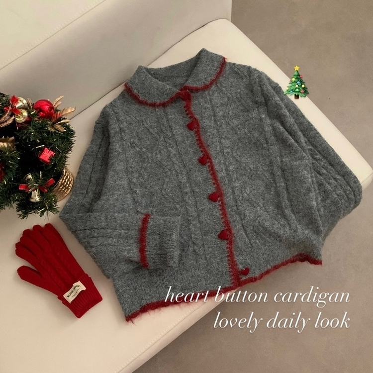 왕귀염 하트단추 빈티지 카라넥 레드 단추 귀요미 니트 가디건 겨울 연말 크리스마스