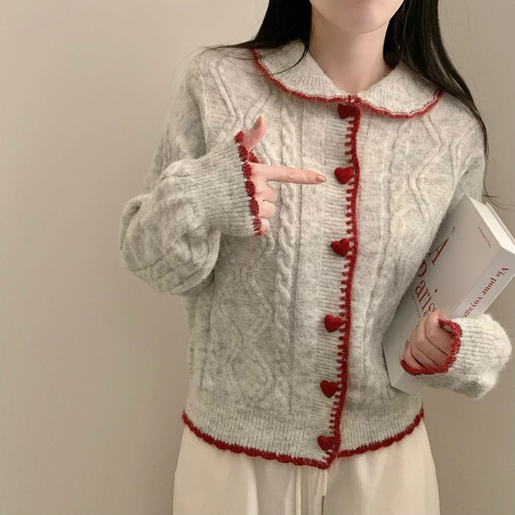 왕귀염 하트단추 빈티지 카라넥 레드 단추 귀요미 니트 가디건 겨울 연말 크리스마스 그레이