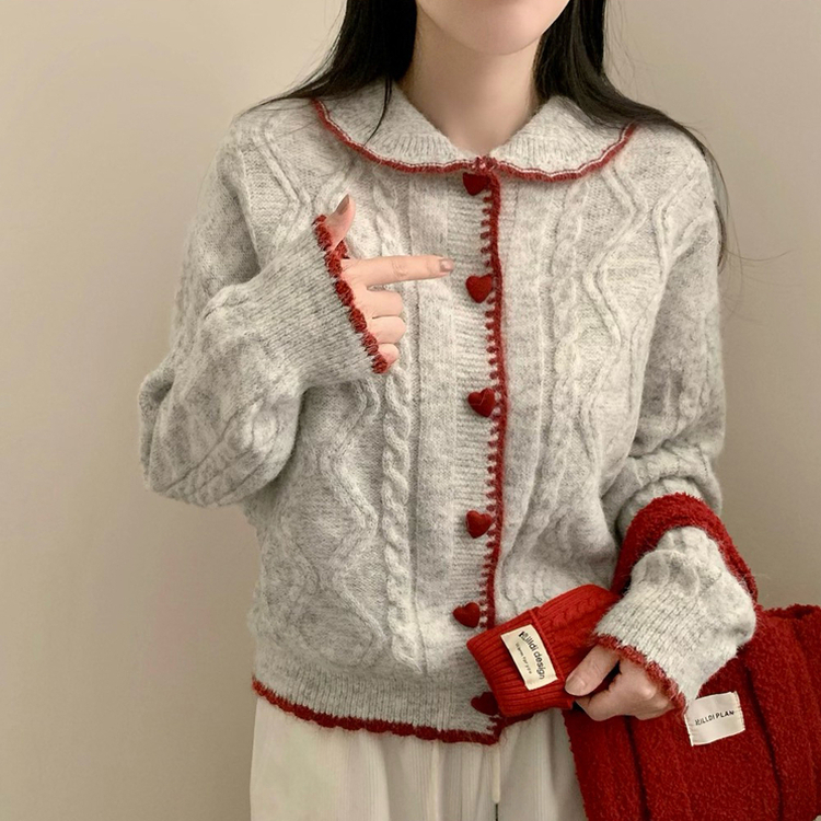 왕귀염 하트단추 빈티지 카라넥 레드 단추 귀요미 니트 가디건 겨울 연말 크리스마스 그레이