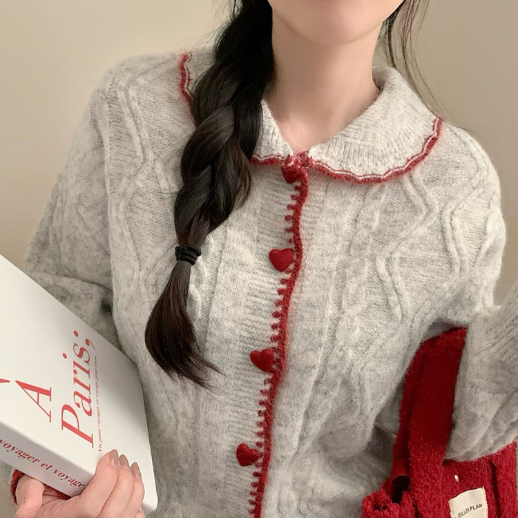 왕귀염 하트단추 빈티지 카라넥 레드 단추 귀요미 니트 가디건 겨울 연말 크리스마스 그레이