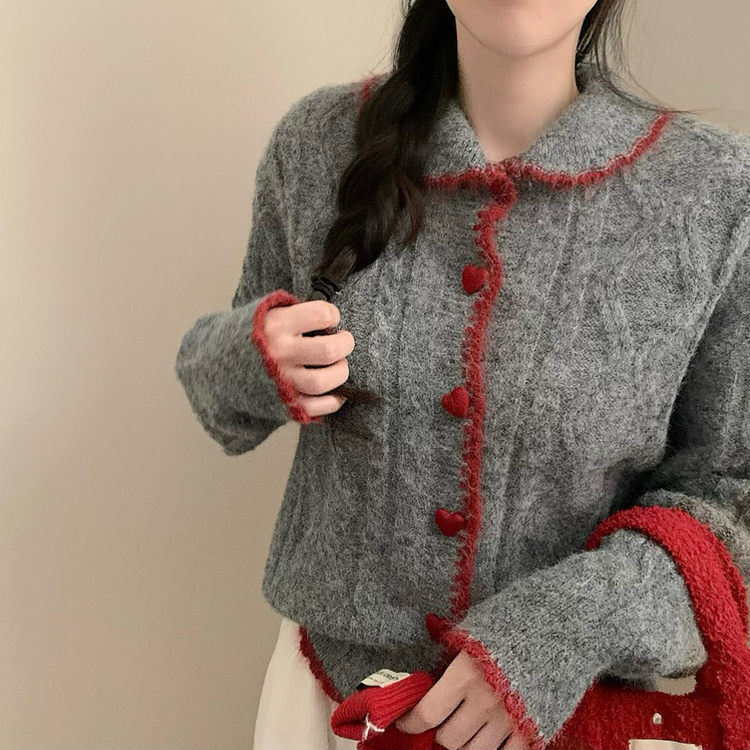 왕귀염 하트단추 빈티지 카라넥 레드 단추 귀요미 니트 가디건 겨울 연말 크리스마스 먹색