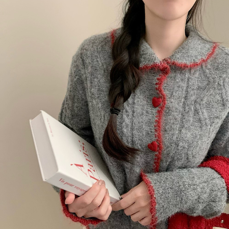 왕귀염 하트단추 빈티지 카라넥 레드 단추 귀요미 니트 가디건 겨울 연말 크리스마스 먹색