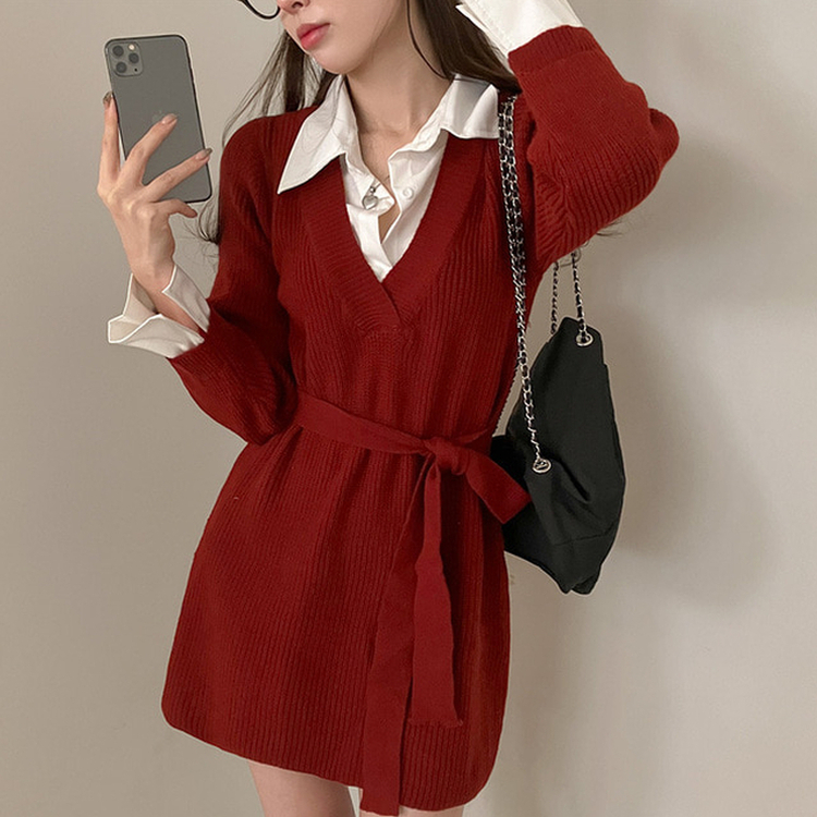 シャツレイヤードニットミニワンピース｜ミニワンピース｜韓国