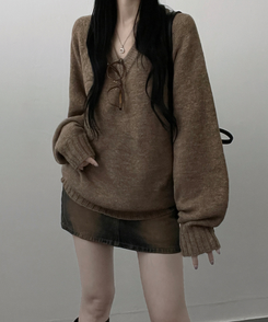 도톰프리나그랑브이넥긴팔니트 연밤색