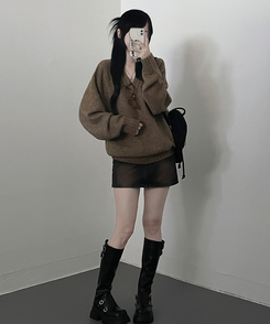 도톰프리나그랑브이넥긴팔니트 연밤색