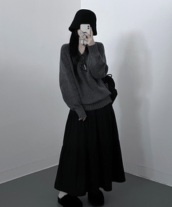 도톰프리나그랑브이넥긴팔니트 차콜