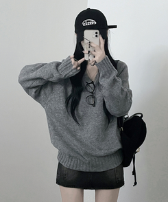 도톰프리나그랑브이넥긴팔니트 회색