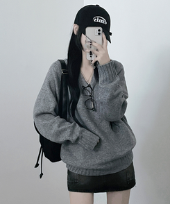 도톰프리나그랑브이넥긴팔니트 회색