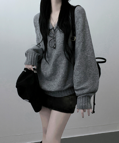 도톰프리나그랑브이넥긴팔니트 회색