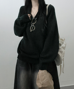 도톰프리나그랑브이넥긴팔니트 카키