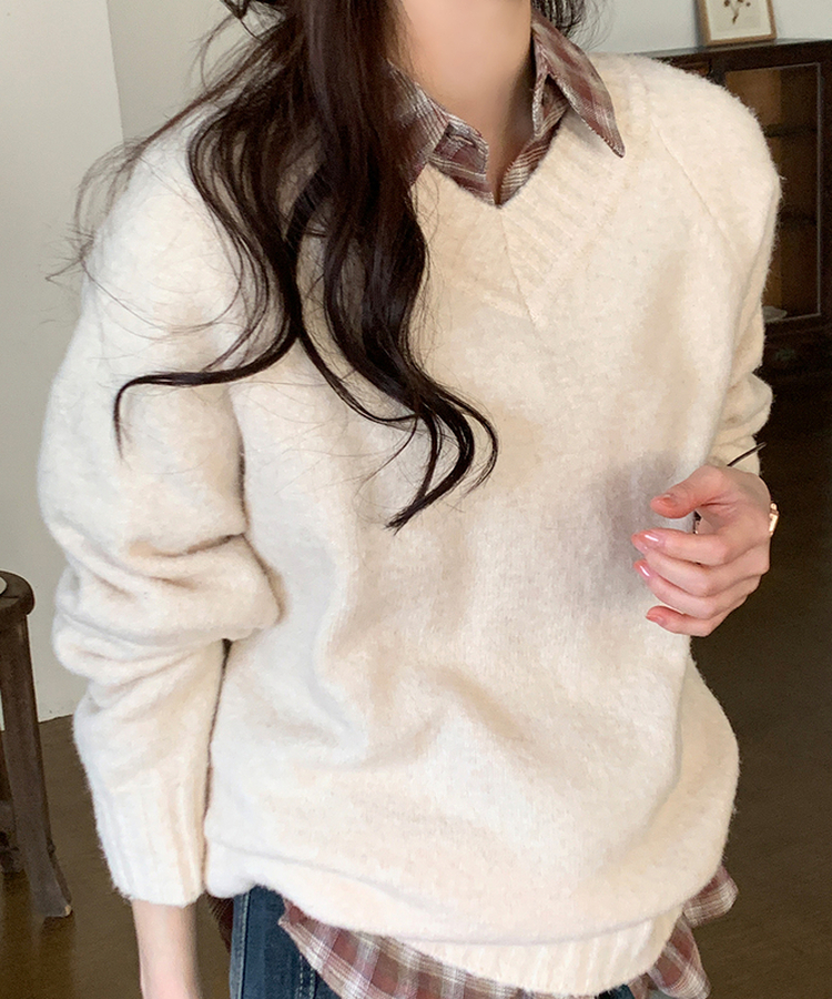 ニット クリームウールVネックルーズニット(8color) CREAM