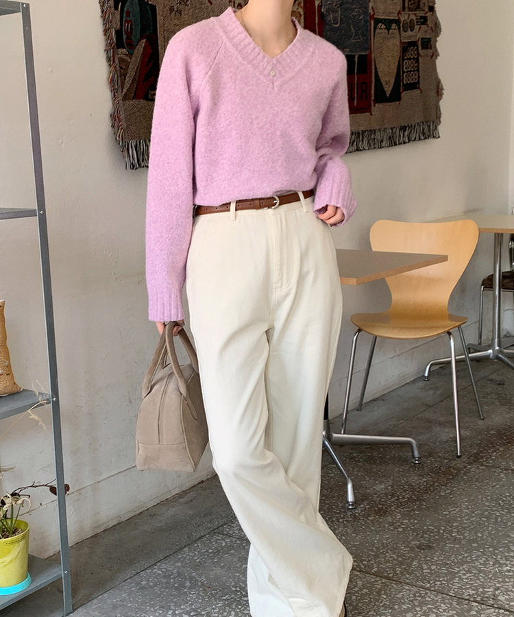 ニット クリームウールVネックルーズニット(8color) LAVENDER