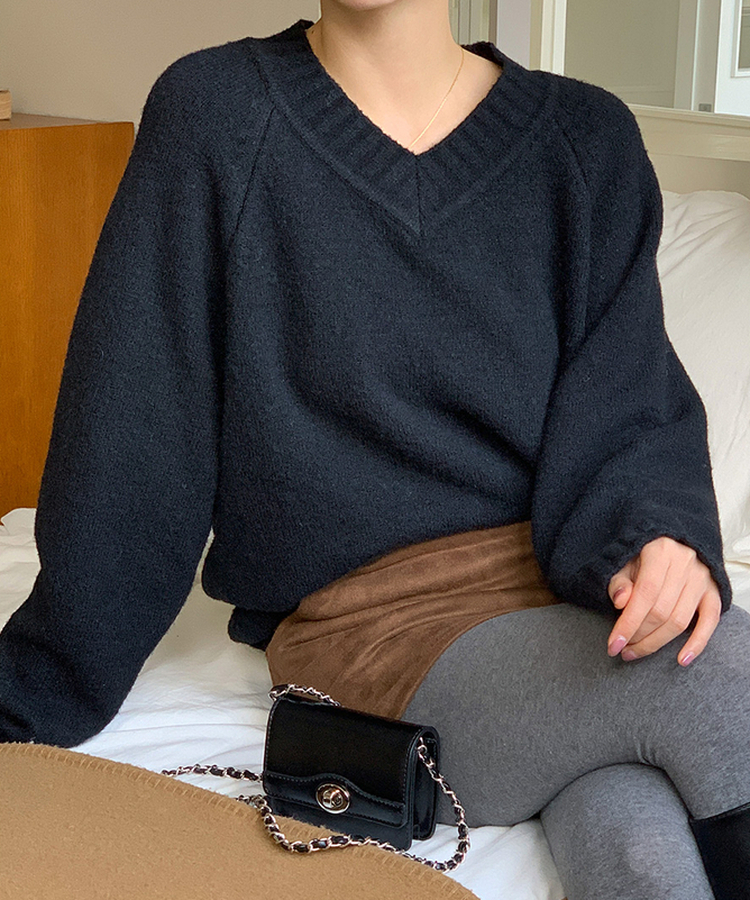 ニット クリームウールVネックルーズニット(8color) BLACK
