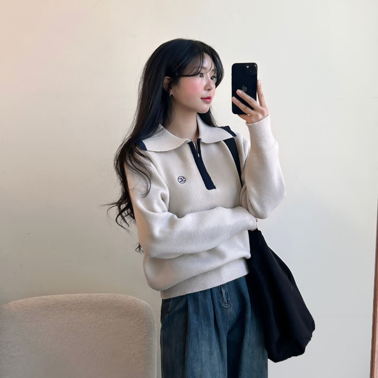 ジップアップ刺繍カラールーズニット