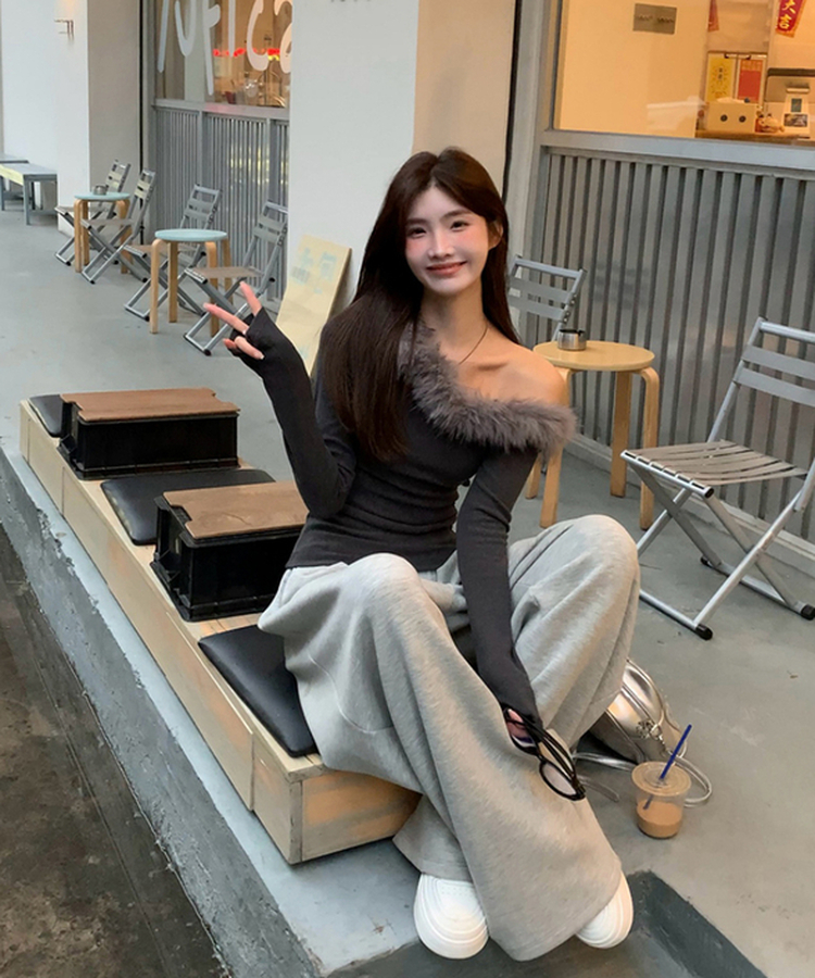 ファーアンバランスショルダー長袖Ｔシャツ