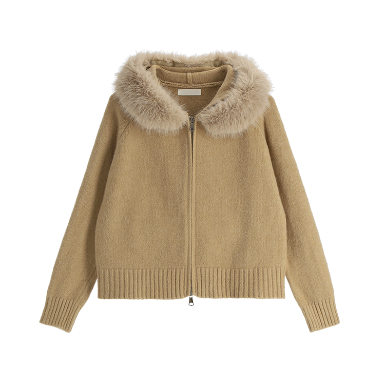 ベージュファー付きリブ編みカーディガン　新品未使用♡ 2Wayファーカラー付きケーブル編みニットカーディガン[dr441