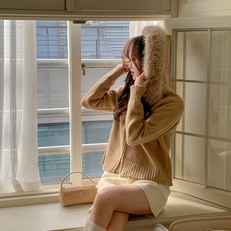 ベージュファー付きリブ編みカーディガン　新品未使用♡ 2WAY/取り外し可能フード/ふんわり柔らか♥) ヘブリング