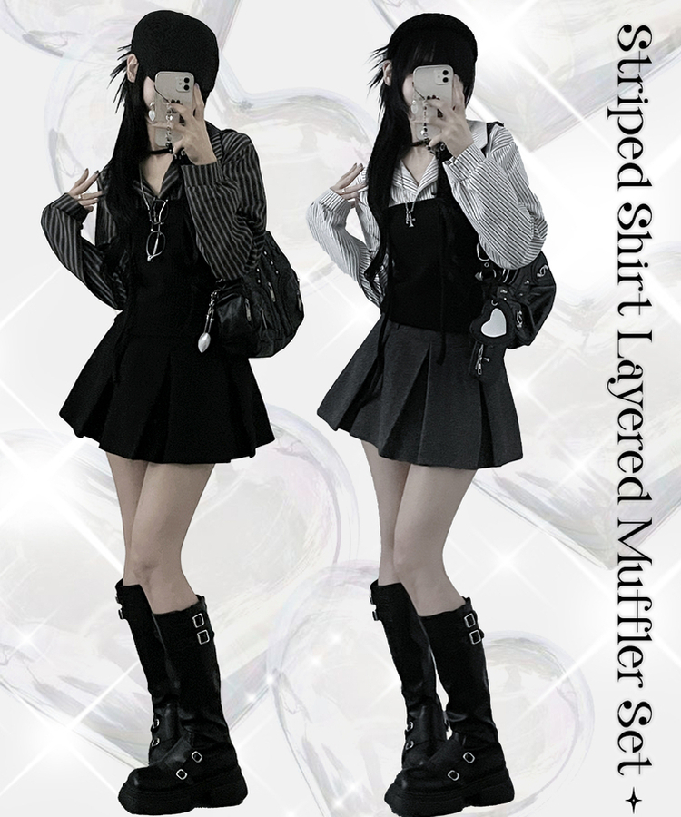 【マフラー付き】ストライプシャツレイヤードトップ WHITE