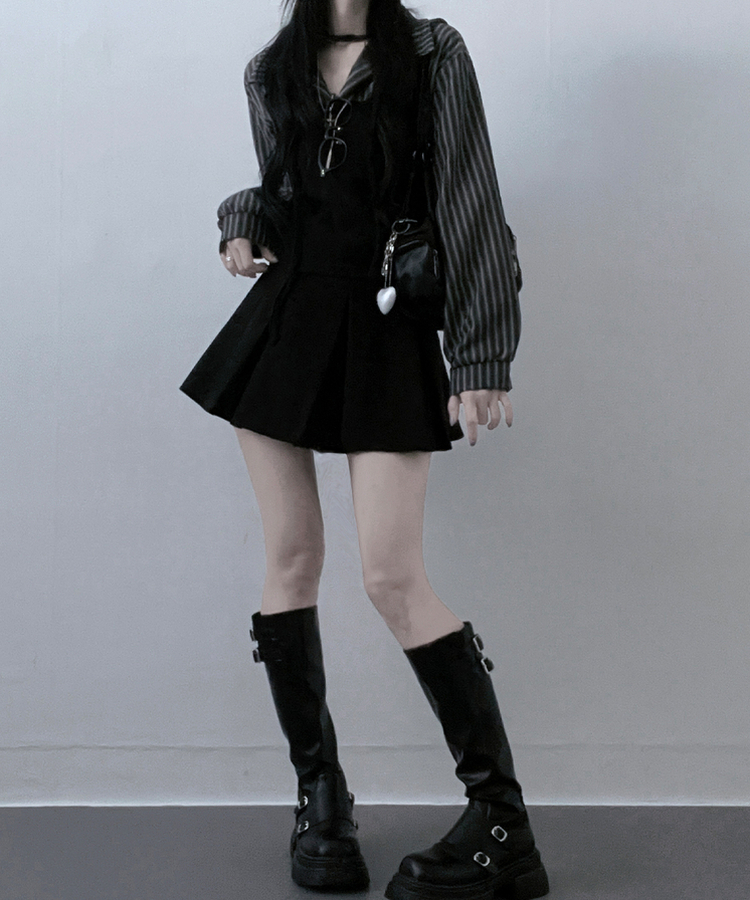 【マフラー付き】ストライプシャツレイヤードトップ CHARCOAL
