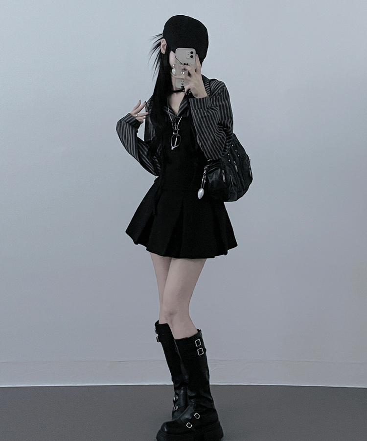 【マフラー付き】ストライプシャツレイヤードトップ CHARCOAL
