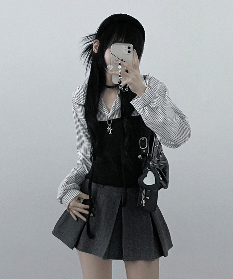 【マフラー付き】ストライプシャツレイヤードトップ WHITE