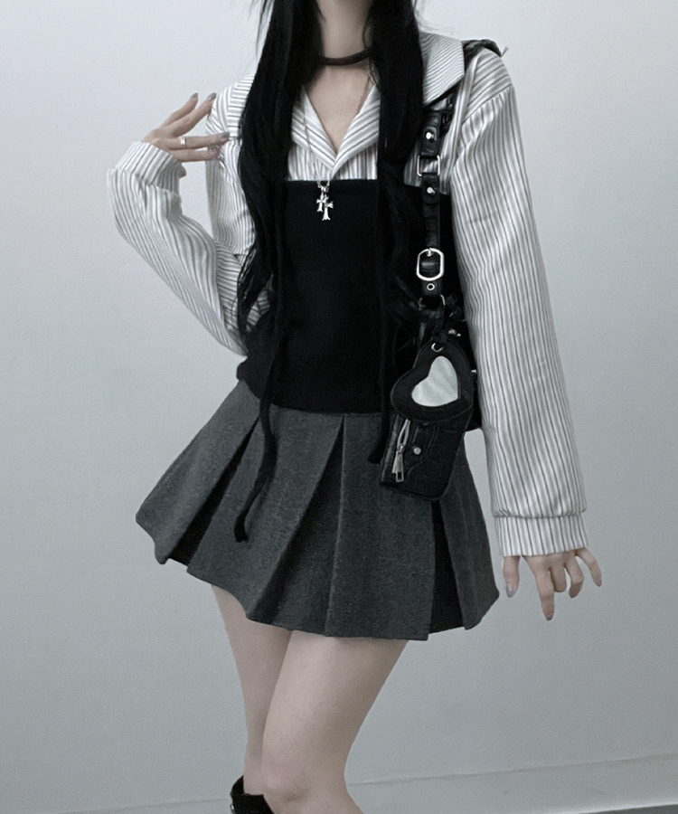 【マフラー付き】ストライプシャツレイヤードトップ WHITE