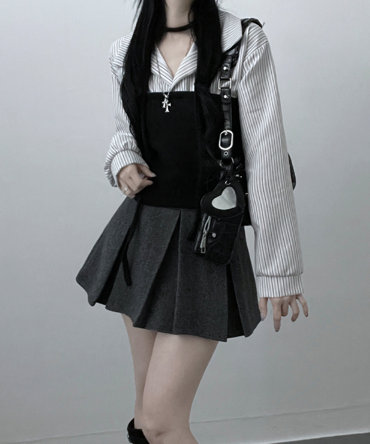 【マフラー付き】ストライプシャツレイヤードトップ WHITE