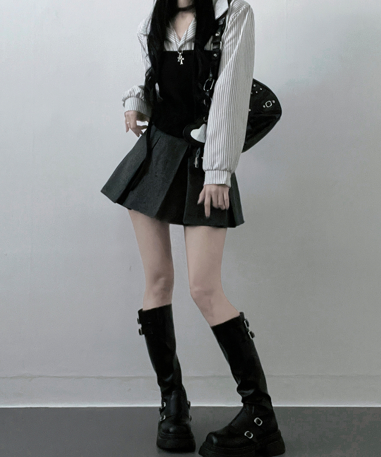 【マフラー付き】ストライプシャツレイヤードトップ WHITE