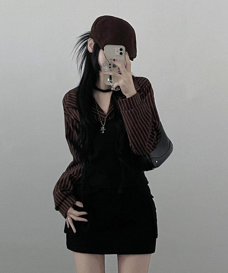 【マフラー付き】ストライプシャツレイヤードトップ CHESTNUT BROWN
