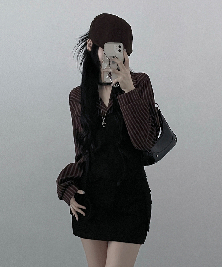 【マフラー付き】ストライプシャツレイヤードトップ CHESTNUT BROWN