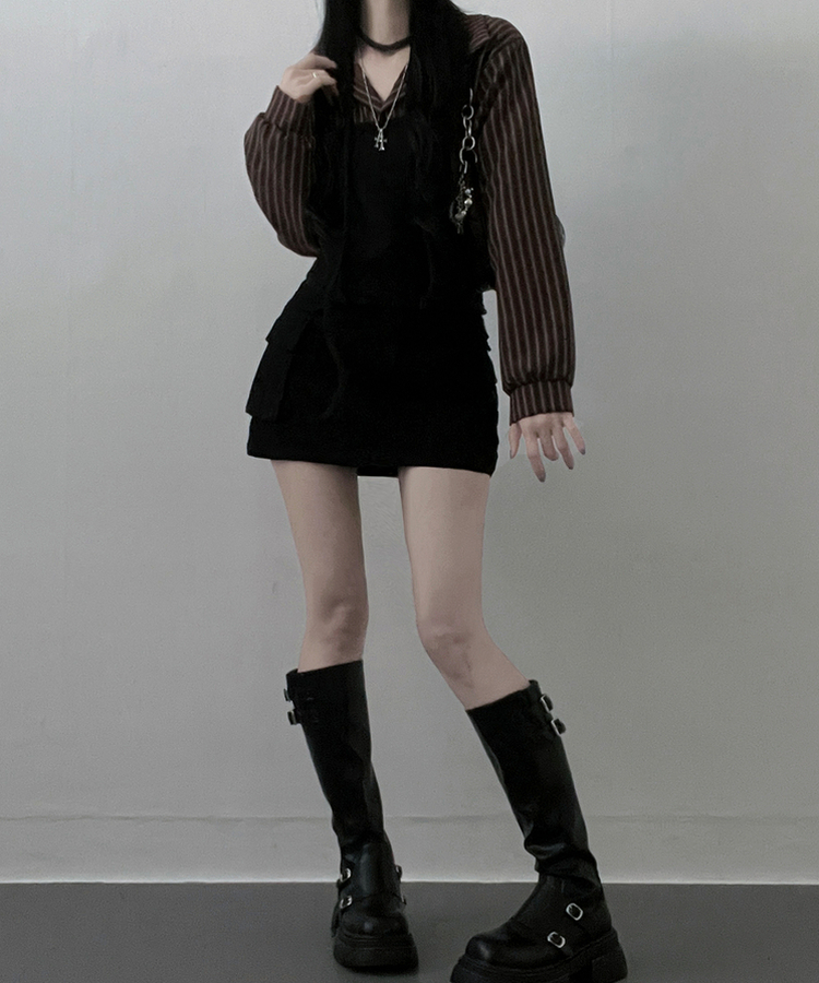 【マフラー付き】ストライプシャツレイヤードトップ CHESTNUT BROWN