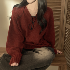 도톰 아방핏 브이넥 래글런 오버핏 긴팔니트 넉넉함보장 와인