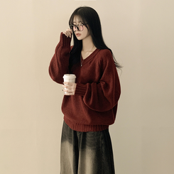 도톰 아방핏 브이넥 래글런 오버핏 긴팔니트 넉넉함보장 와인