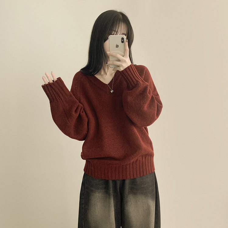 도톰 아방핏 브이넥 래글런 오버핏 긴팔니트 넉넉함보장 와인