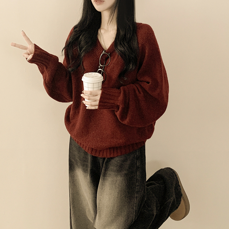 도톰 아방핏 브이넥 래글런 오버핏 긴팔니트 넉넉함보장 와인
