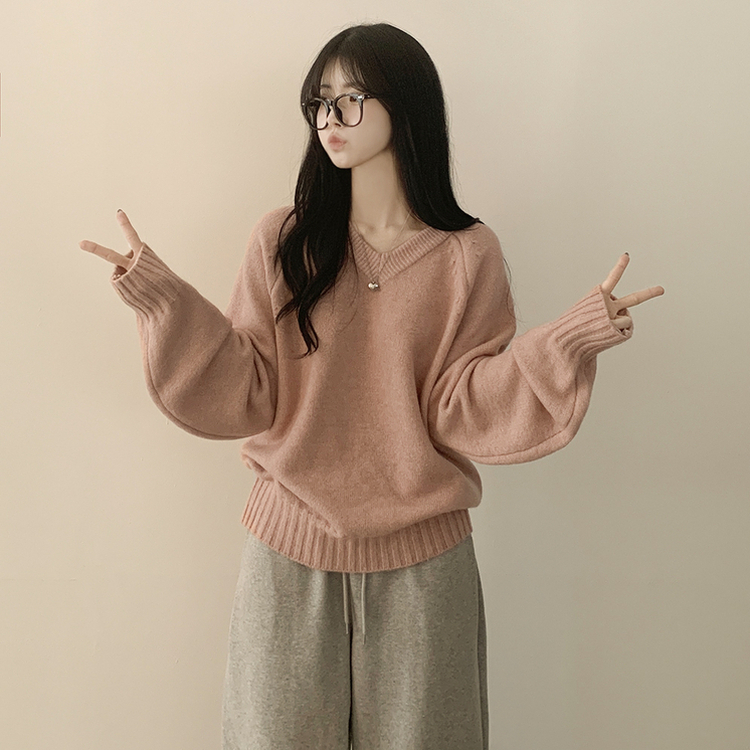 도톰 아방핏 브이넥 래글런 오버핏 긴팔니트 넉넉함보장 핑크