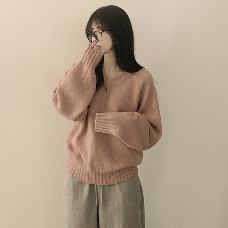 도톰 아방핏 브이넥 래글런 오버핏 긴팔니트 넉넉함보장 핑크