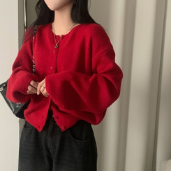 소르베 라운드 벌룬니트 크롭 가디건 9color 레드
