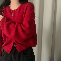 소르베 라운드 벌룬니트 크롭 가디건 9color 레드