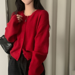 소르베 라운드 벌룬니트 크롭 가디건 9color 레드