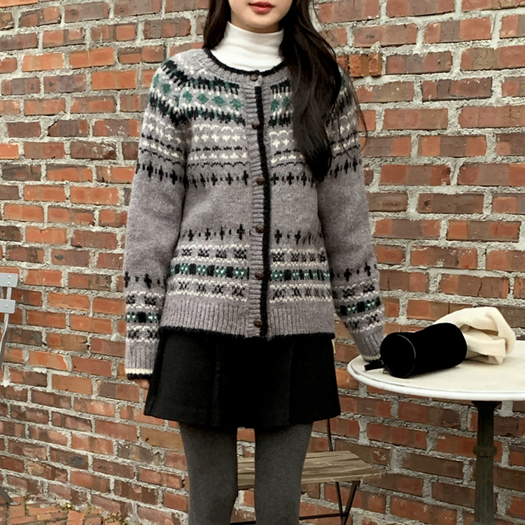 (ノルディックムード/ふんわりフィット) アベリ ノルディック ラウンド 長袖 ウール ニット カーディガン   GRAY