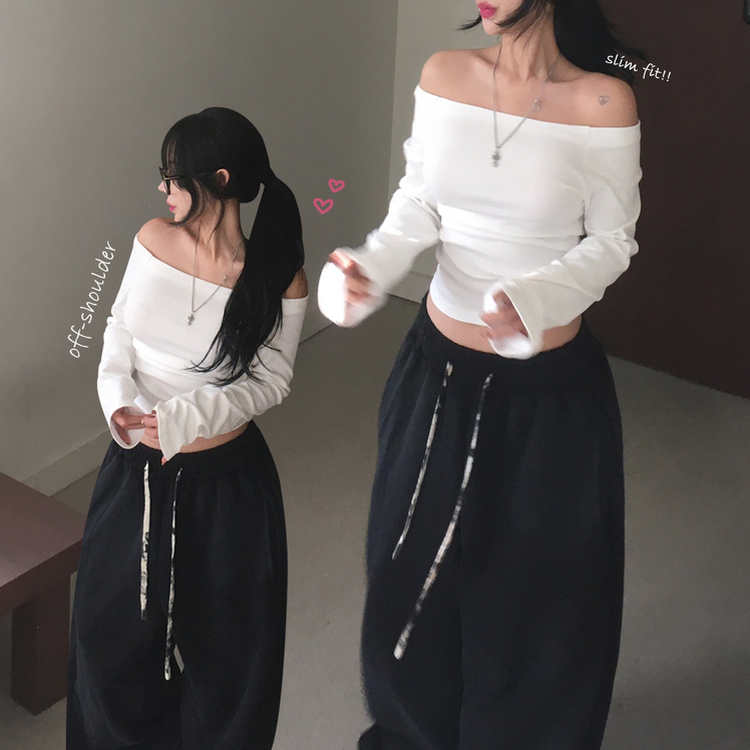 【起毛】オフショルダースリムルーズ長袖Tシャツ