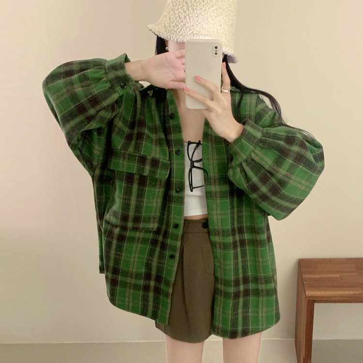 チェックパフ袖ルーズファーシャツカーディガン
