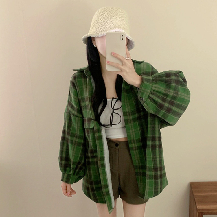チェックパフ袖ルーズファーシャツカーディガン