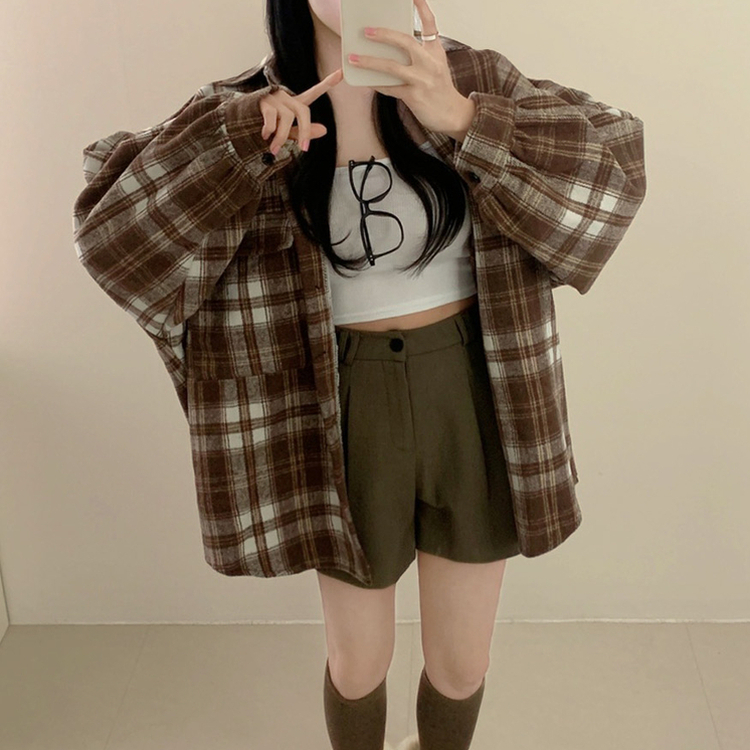 チェックパフ袖ルーズファーシャツカーディガン