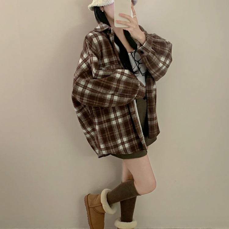 チェックパフ袖ルーズファーシャツカーディガン