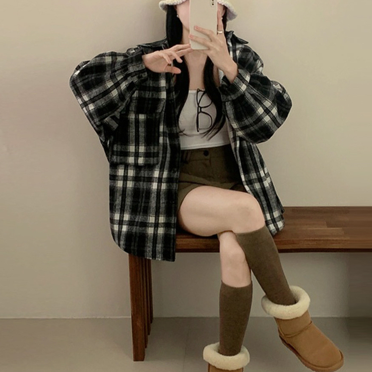 チェックパフ袖ルーズファーシャツカーディガン