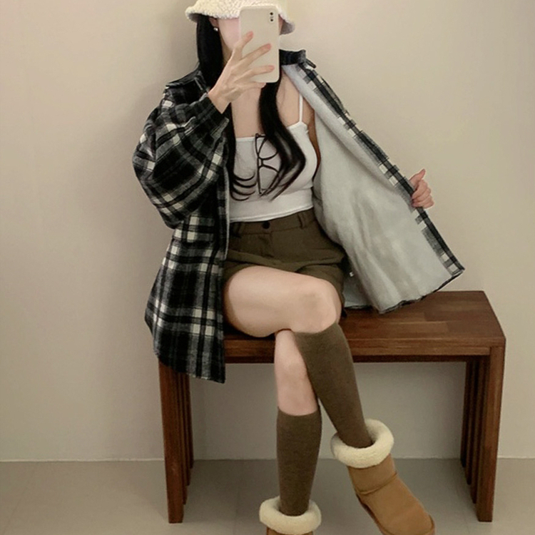 チェックパフ袖ルーズファーシャツカーディガン