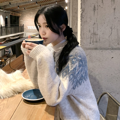 [ウール含有] (ふんわり/厚みがあり暖かい) ノルディックラウンドバイカラーカーディガン